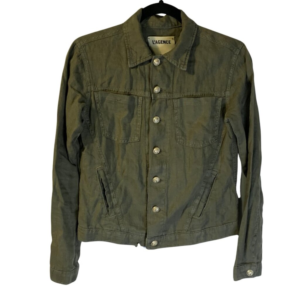 L'Agence 100% Linen Celine Jacket Women's Size XS Slim Fit Neutral Green Pockets